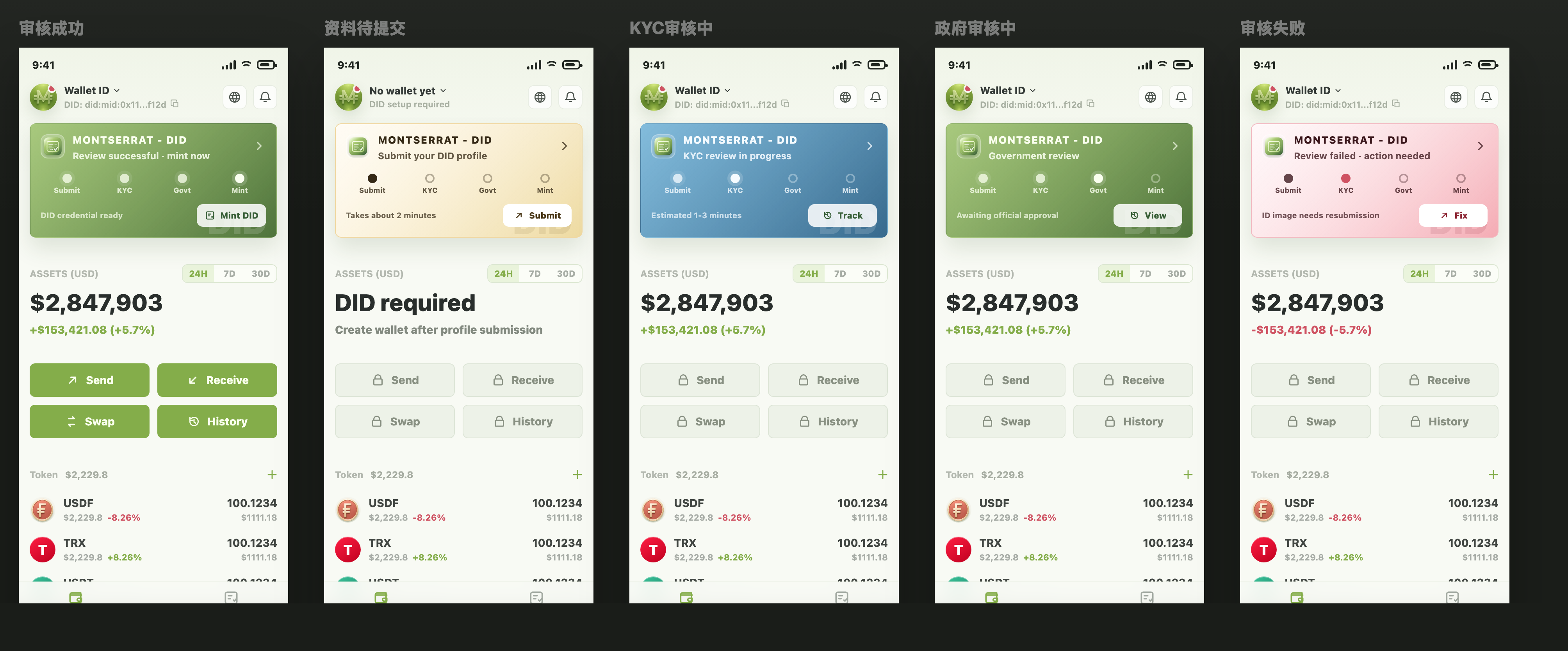 Five M Wallet DID status screens showing submit, KYC review, Government review, review failed, and mint DID states